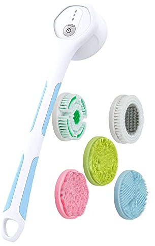 5 In 1 Elektrisch Körperbürste Rüickenbürste Dusche Silikon, Rückenbürste mit Langem Stiel, 3 Geschwindigkeiten USB-Rückenwäscher