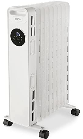 Igenix IG2621 Digital Oil Filled Radiator, 2kW/2000W, 9 Fin, White | Low Energy Heater with Remote Control, 3 Adjustable Heat Settings & Overheat Protection