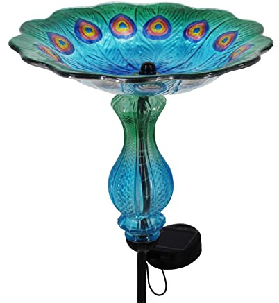 John's Studio Pfauen-Vogeltränke für den Außenbereich, Glasschale, Solar-Lichtkäfig, Außenschale, Vogelfutterstation mit Metallpfahl für Garten, Hof und Terrasse, 81,3 cm