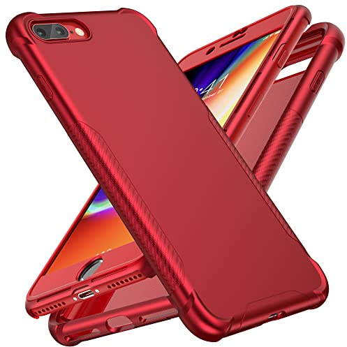 ORETECH Handyhülle für iPhone 7 Plus Hülle, iPhone 8 Plus Hülle, mit [2X Displayschutzfolie] 360 Grad Ganzkörper Schutzhülle Stoßfest Silikon Bumper Case Cover Hülle für iPhone 7 Plus/8 Plus, Rot