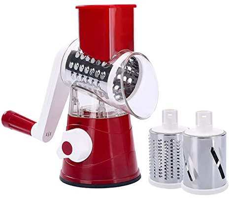Tooloflife - Rallador de queso giratorio para verduras con 3 cuchillas de tambor, triturador de queso parmesano de mano, picador de lechuga, rallador de patatas, cortador de sandía