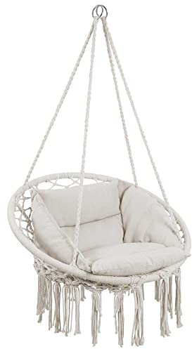 Bakaji Hängesessel für den Außenbereich, Garten, aus Baumwollseil, Schaukelstuhl, Hängematte, Terrasse, Camping, mit rundem Gestell aus Stahl, gepolsterte Sitzfläche, modernes Design (Beige)