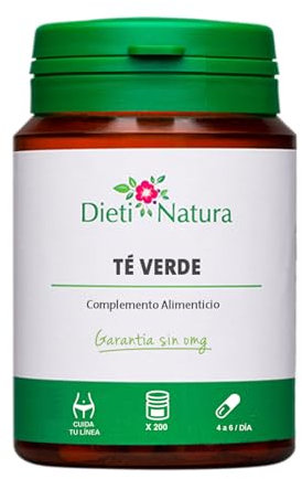 Dieti Natura 200 Cápsulas de Té Verde - Té Verde en Cápsulas Rico en EGCG, Polifenoles, Catequinas y Cafeína - Efecto Diurético - Absorbe Azúcares y Grasas - Fabricado en Francia - Sin OGM