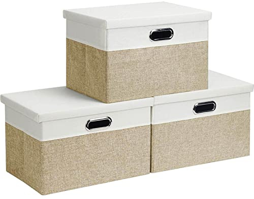Febzoce Aufbewahrungsbox mit Deckel Klein Faltbarer Stoff Aufbewahrungswürfel Korb Mülleimer Organizer Hellbraun/Weiß, Klein, 33 x 22 x 18 cm, 3 Stück