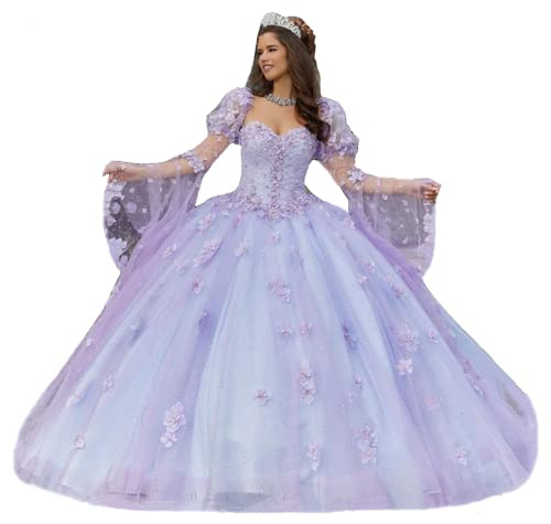 TSxuelian Vestido de baile de Cenicienta con apliques de flores de princesa para mujer, vestidos de quinceañera, vestido dulce de manga abombada 16