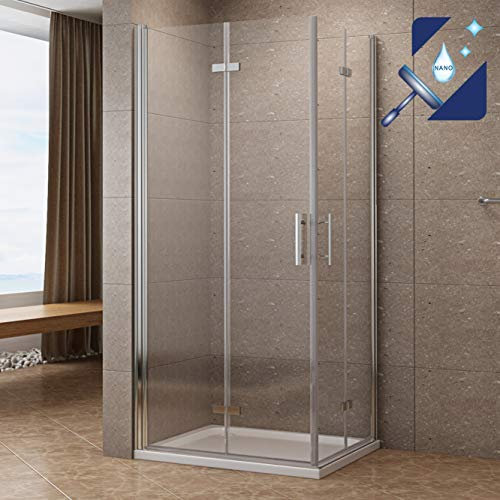 Duschkabine Eckeinstieg Falttür 75x90 x 195 cm Eckdusche 180º Faltbar & Klappbar Duschtür Duschwand Glas Duschtrennwand aus 6mm Sicherheitsglas (ESG) mit Nano Beschichtung | AQUABATOS