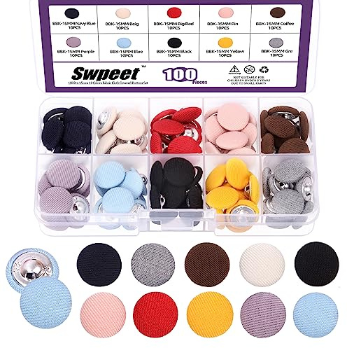Swpeet 100Pcs 10 Colors 15mm Fabric Cloth Covered Metal Shank Round Buttons Assortment Kit, Perfect for Bridal Wedding Dress Satin Blouse Prom Dress & Formal Dress