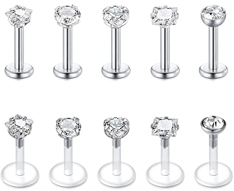Funseedrr 10er 1.2mm Chirurgenstahl Lippenpiercing 6mm 8mm Labret Stecker Set Silber Tragus Helix Piercing Schmuck