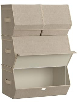 SONGMICS Aufbewahrungsbox mit Deckel, 4er Set Kleiderschrank-Organizer, stapelbar, Faltbox mit Magnetverschluss, Stoffboxen Aufbewahrung für Kleidung, Bücher, sandbeige RLB022Y02