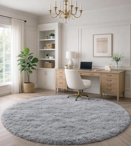 ROHATIM Teppich Wohnzimmer Rund 200 cm grau Waschbar Rutschfester Runder Hochflorteppich Kinderzimmer Schlafzimmer Flauschig
