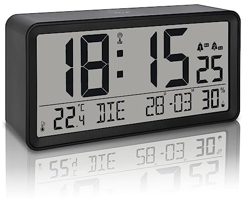 ADE Digitaler Funkwecker mit XXL-Ziffern | Tischuhr und Funkwecker mit Kalenderfunktion | mit Temperaturanzeige und Luftfeuchtigkeit | 2 Weckzeiten und Schlummerfunktion | schwarz