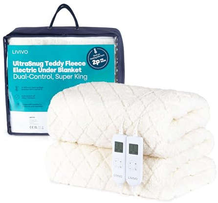 LIVIVO Super King Electric Under Blanket – UltraSnug Teddy Fleece Heated Mattress Cover with Dual Controllers, 10 Temperature Levels, Timer, Auto Shut-Off & Washable Design - Off-White