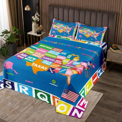 Copriletto trapuntato per bambini con mappa americana per ragazzi ragazze adolescenti stampa geografica traspirante citazione geografica mappa geografica trapuntato decorazione per la stanza170X230cm