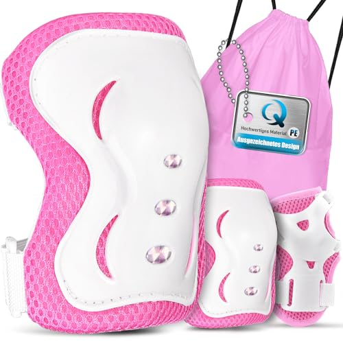 Barnskyddsset för barn, knäskydd, set, skydd inlines, barn, knä och armbågsskydd, handledsskydd, barn för skateboard, skoter, skridskoåkning, körning, utomhus, sport (rosa)