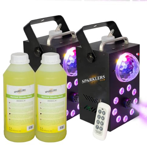 Machine à fumée 700W Effet Astro & 9 LED + Liquide à Fumée - Puissance 700 Watt, Très bon Débit - Temps de chauffe rapide - Réservoir 15cm - Facile à transporter, idéale pour DJ (2 MACHINES + 2L)