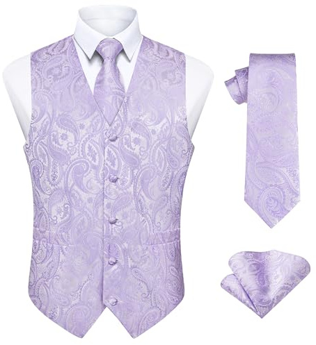 Enlision Westen für Herren Paisley Krawatte Einstecktuch Lila Anzugweste Set für Hochzeit Party Business 2XL