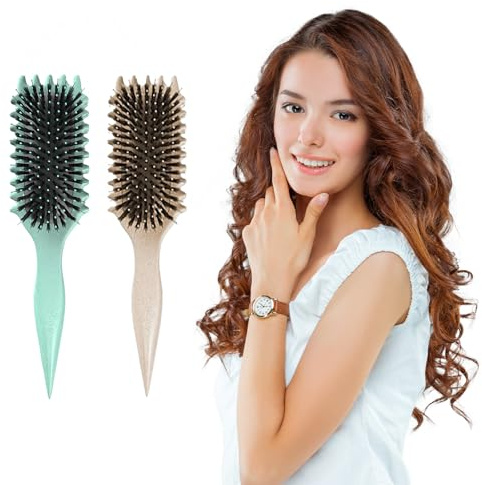 2 Pieces Curl Defining Brush, Boar Bristle Hair Brush, Curly Hair Brush, Brush for Curly Hair, Ladies Girls Styling Brush, Define Styling Brush for Defining Curls and Comb Hair (White + Green)