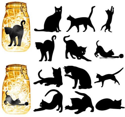 CREATCABIN 12Pcs Black Cat Silhouettes Mason Jar Decor Laser Cut Cardboard Scrapbook Cutouts Die Cuts PVC Decoration for DIY Crafting Lantern Jars Wall Painting Window Glass 3.9x3.5Inch-No Sticker