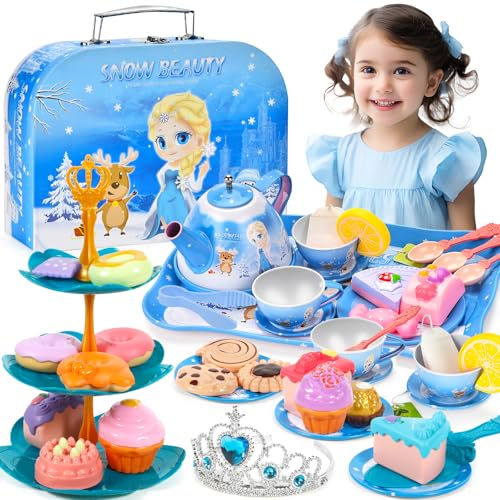 BBLTIFF Juego de Té para Niños, 50 Piezas de Accesorios de Cocina para Niños, Juego de Té de Juguete Con Maleta, Accesorios de Cocina para Niños, Niñas DE 3 4 5 6 7 Años