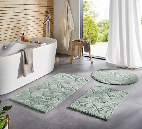 Taracarpet Badematte Homestyle rutschfest waschbar Badezimmerteppich Bad-Vorleger, WC Deko, Duschvorleger für Dusche und Badewannen sehr weich und kombinierbar Grün Dühne 080 cm rund