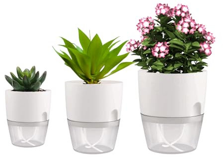 BeGrit Kräutertopf Selbstbewässernd 3er Set Kräutergarten Küche Fensterbank Blumentopf Plastik 15,3cm/10,5cm/8,2cm Weiß mit Selbstbewässerung und Wasserspeicher für Zimmerpflanzen Blumen und Kräuter