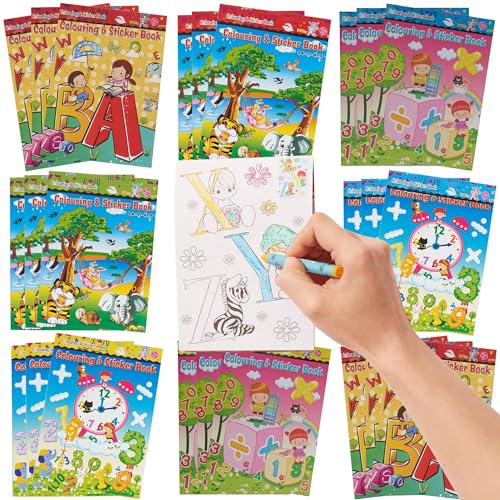 THE TWIDDLERS 72 Mini Malbücher & Aufkleber für Kinder, Jungen & Mädchen - Mitgebsel, Mitbringsel, Gastgeschenke für Kindergeburtstag & Hochzeiten, Partytüten, Multipack Give Aways