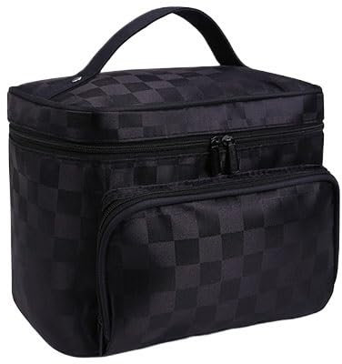 HESHUYAN Waschtasche Lattice Big Kosmetiktasche for Damen, gestreift, wasserdicht, professionelles Kulturbeutel-Set, Wash Necessaire, Reise-Organizer, Make-up-Box Kulturtasche(Lattice Black)