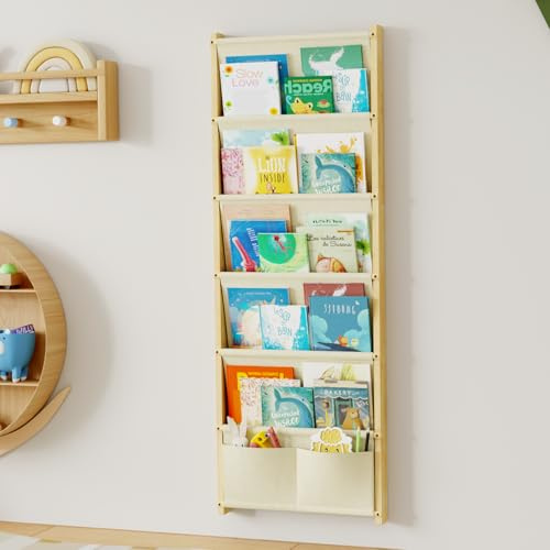DUHARS Wood 6-Tier Wall Mounted Kids Bookshelf, Floating Book Shelf for Kids Rooms, Nursery, Classroom, Hanging Bookcase Organizer for Books, Toddler Book Shelf, Montessori Bookshelf, Natural Color