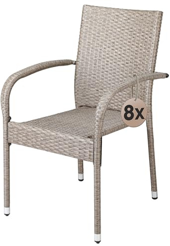 Casaria® Gartenstühle 8er Set Stapelbar Wetterfest Polyrattan Outdoor 160kg Garten Terrasse Balkon Stuhl mit Armlehne Gartensessel Stapelstühle Creme