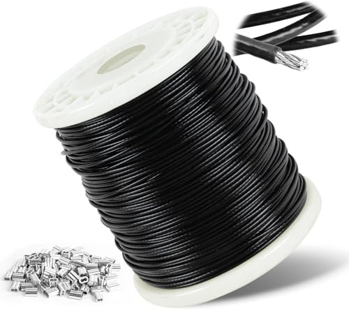 1.5mm Wire Rope, 304 Stainless Steel Plastic Black Coated Wire Cable with Aluminum Crimping Loop, 10m Stainless Steel Hanging Cable 7x7 Cross Section for Picture Hanging, Clothes Line