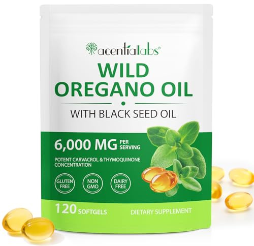 Oregano Öl Kapseln, 2-in-1 6000 mg Oregano Öl mit 200 mg Schwarzkümmel Kapseln, 120 Softgels Wild Oreganoöl Bio, Hohem Carvacrol & Thymochinon | Nicht Gentechnisch, Glutenfrei