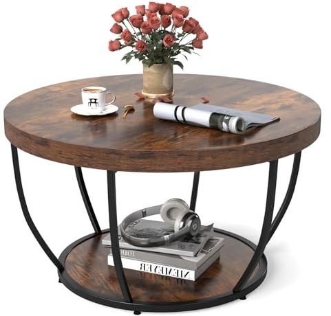 COSTWAY 2-Tier Round Coffee Table with Storage Shelf, Metal Frame Industrial Accent Cocktail Center Unit Sofa Side Tea Table for Living Room, Bedroom and Office, 80x80x45cm (Rustic Brown+Black)