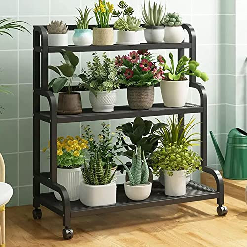 Supporto per Piante da Interno, Supporto per Piante in Metallo, Supporto per Piante Multistrato, Supporto per scaletta da Esterno per Piante di Grandi Dimensioni, con Ruote e Freni.