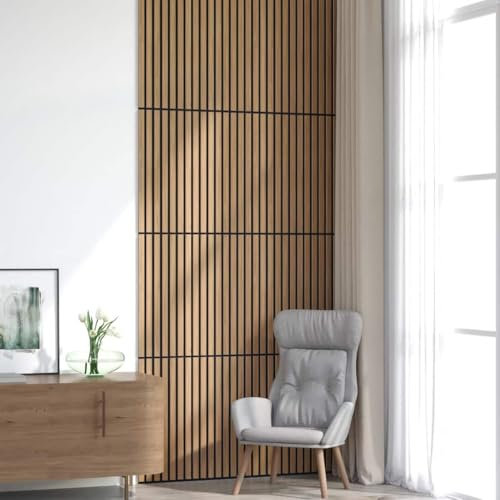 Brokky 42002582 Acoustic Wall Panels 8 pcs Slatted 60.5x60 cm Oak Veneer Acoustic Slat Wall Panel - Decorative & Sound Absorbing Wooden Slatted 3D Feature Pannelling Home Living Room Bedroom Interior