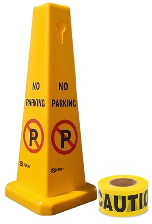 4 Sides No Parking Cones with 2 x 50M Caution Tape, Yellow Warning Sign for Parking Lots, Easily Noticeable Floor Sign for Indoor and Outdoor Use, Residential and Commercial Uses (Yellow, Set of 1)