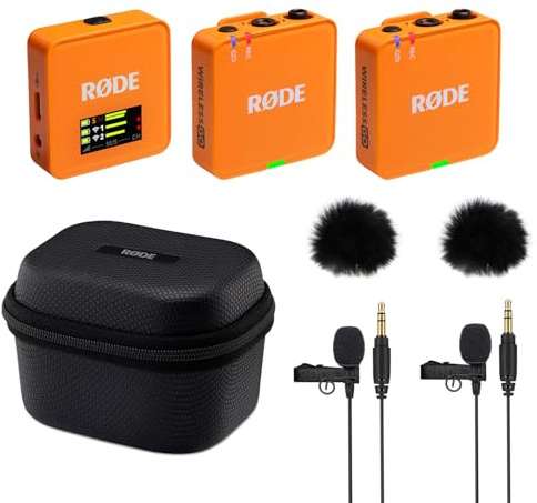 Rode Système de microphone sans fil GO Gen 3 2 canaux, orange, avec étui de charge, 2 microphones Lavalier GO et 2 pare-vent en fourrure
