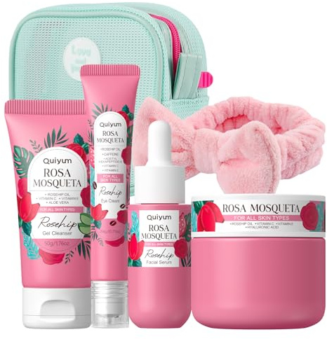 QUIYUM Collezione Set Cura Viso alla Rosa Canina, Kit Idratante da 5 Pezzi per Donne e Adolescenti con Gel Detergente, Siero, Crema Contorno Occhi, Crema Idratante e Fascia per Capelli