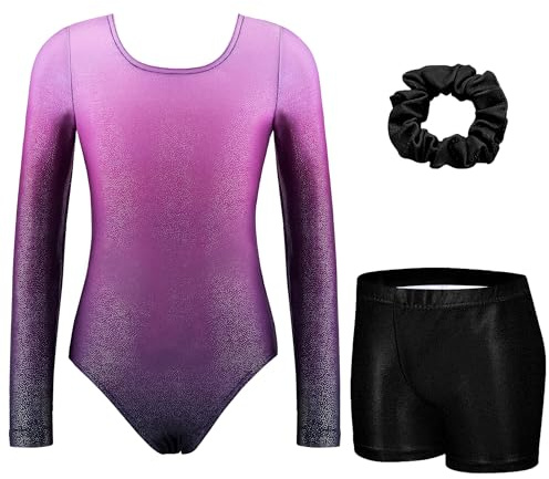 Arshiner Mädchen Lila Gymnastik Turnanzug Kinder Langarm Tanztrikot mit Hose Haarband Akrobatik Anzug Funkelnd Glänzend Tanz Unitards Tumbling Outfit 150/8-9 Jahre