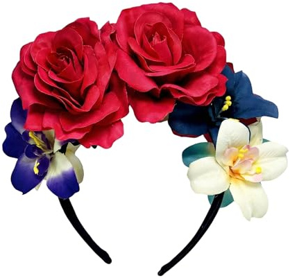 OHEETU Fascia per capelli messicana floreale double-face con rose e coroncina, accessorio per capelli per Halloween, carnevale, feste di nozze