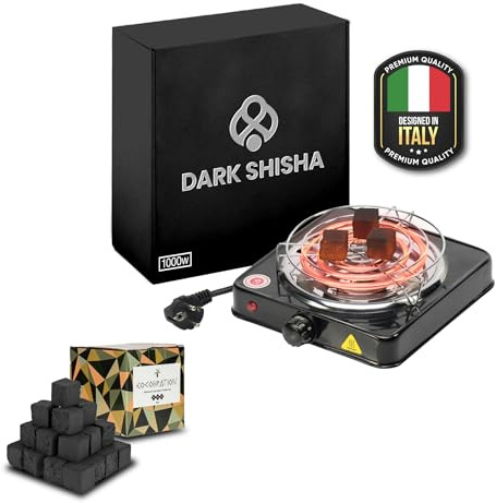 Allume-charbon Électrique Dark Shisha 1000W pour Chicha + 1 kg Charbon Cocobration 26mm | Plaque Grande | Chauffe Rapide | Thermostat Réglable