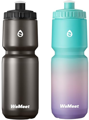 WEMEET Lightweight Cycling Water Bottle 2-Pack, Fits Most Bike Cages, Squeeze Water Bottle for Cycling, Running, Fitness(Black & Green Pink Purple, 1000ml)
