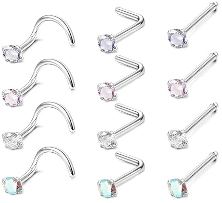 JEYORZY 12 Stück farbene Nasenpiercing Stecker, Nasenpiercing Stecker Chirurgenstahl Nasenstecker Silber Nostril Piercing Damen Screw/L-Form Nasenpiercing Ring Nasen Nase Stud Nose Piercing Schmuck
