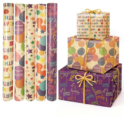 5 Rotoli di Carta Regalo per Compleanno, Carta Kraft Naturale 43 cm x 3 m con Corda di Canapa e Nastro Adesivo - Per Matrimoni, Baby Shower, Natale e Feste