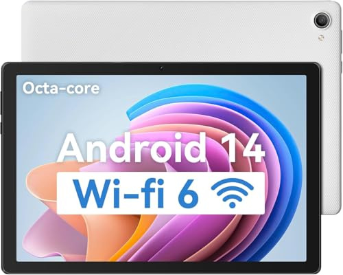 MUISOO Tablet 10 Inch, Android 14 Tablet PC, 8GB RAM+64GB ROM (1TB TF), Octa-Core 2.0 GHz, WiFi 6, Bluetooth 5.0, Widevine L1, 5MP+8MP, 5000mAh,Type-C White
