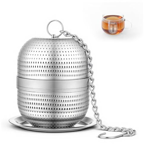 Stainless Steel Tea Ball, Extra Fine Mesh Metal Tea Ball Teas Strainers with Extended Chain Hook and Drip Tray for Black Teas, Rooibos, etc