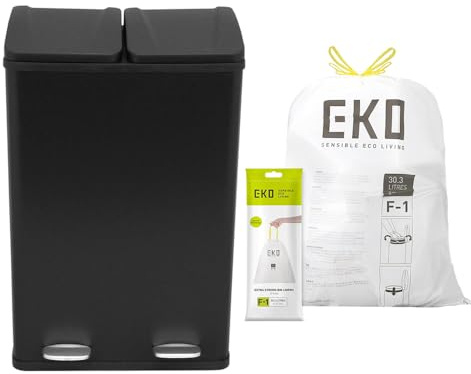 Yavolo 60L Dual Pedal Bin Black 2 in 1 Pedal Bin with Biodegradable Bin Bags Metal Reycle Rubbish Trash Can Kitchen Waste Dual Compartment 20 x 30L Dual Dustbin Eco Garbage Large Heavy-duty