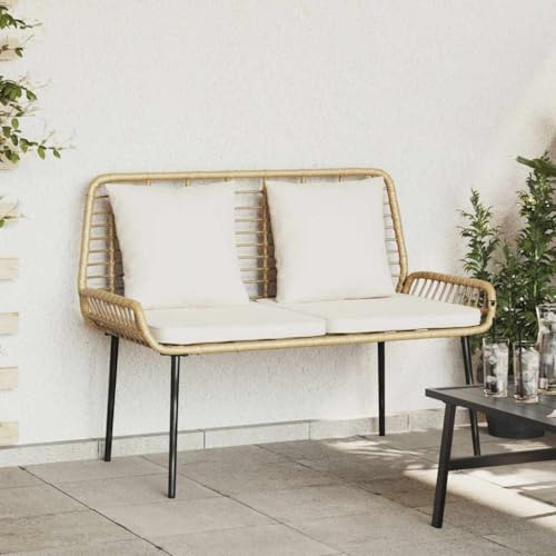 Yunovire Gartenbank Braun Creme Poly-Rattan, 2-Sitzer Loungesofa für Veranda, Balkon, Terrasse, wetterfestes Outdoor-Möbelset mit Kissen, Stahlrahmen für Garten, 109x63x83 cm