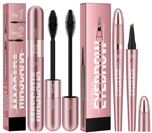 2 In 1 Black Mascara Waterproof and 4 Tip Dark Brown Eyebrow Pen, Volumising Lengthening Mascara for Bold Lashes Defined Contouring Brows