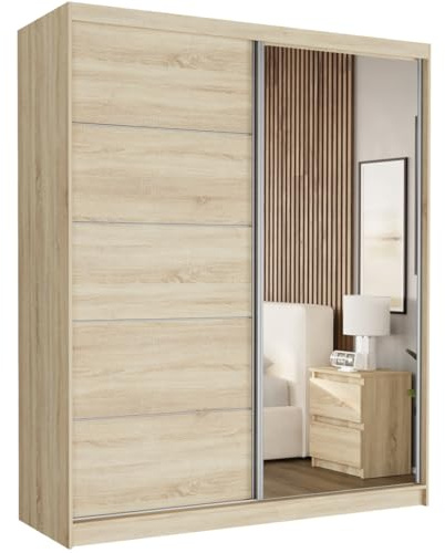 Easy4You Krudox Sonoma 180 cm Schiebetürenschrank Kleiderschrank mit Spiegel Schlafzimmermöbel Mehrzweckschrank mit Kleiderstange Schrank für das Schlafzimmer