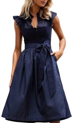 Foweknow Vestido tirolés para mujer, vestido tirolés midi para Oktoberfest, para mujer, vestido tradicional tradicional con delantal de encaje, elegante, vestido para boda, largo, tallas grandes